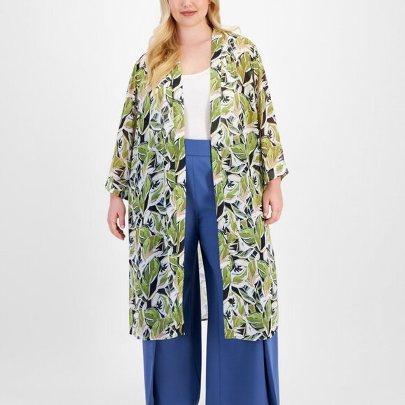 Anne Klein Plus Size Printed Open-Front Duster Jacket - Black/Bay Leaf 0X - Picture 2 of 4